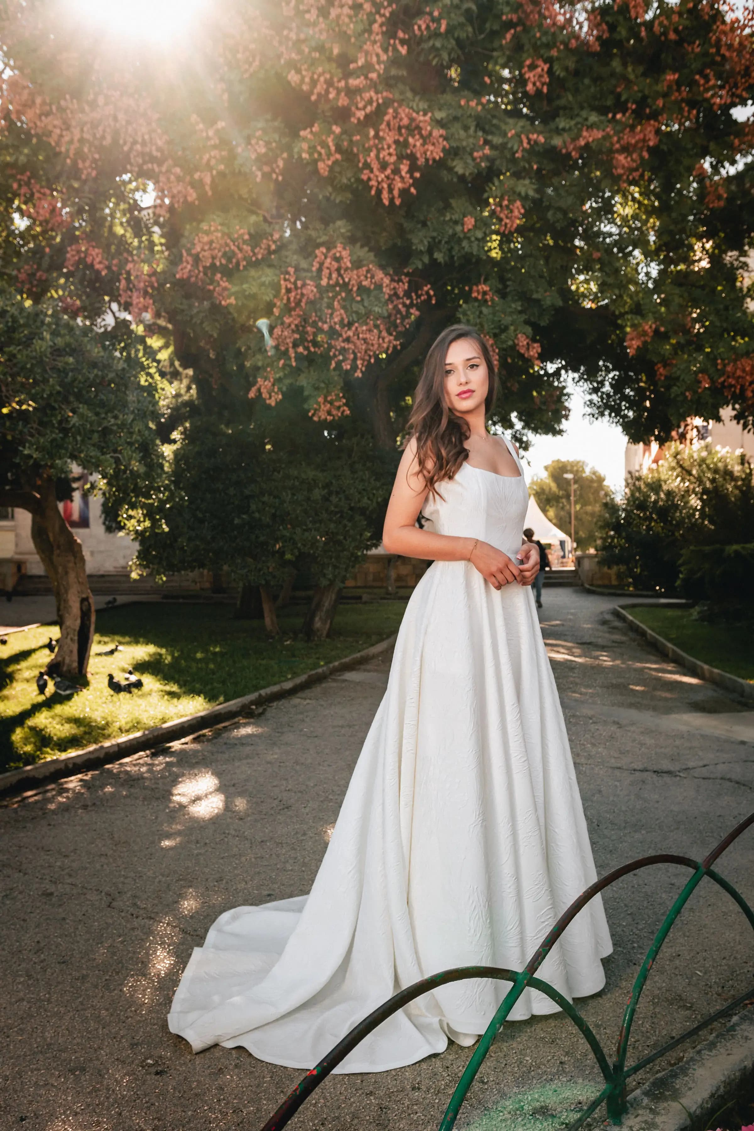 Bride wearing a Nazarela gown on a New York street
